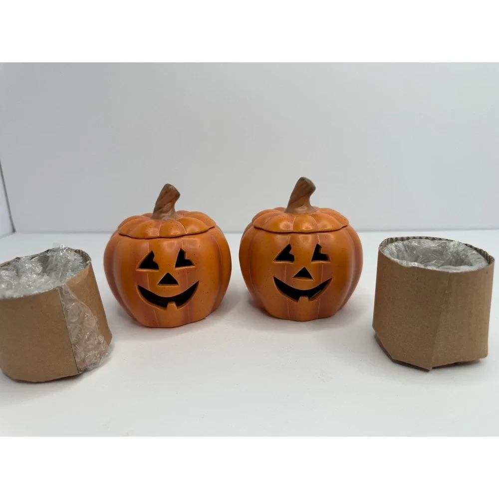 Vintage PartyLite Pumpkin Votive Pair P8729 Jack-O-Lantern Halloween Fall Candle